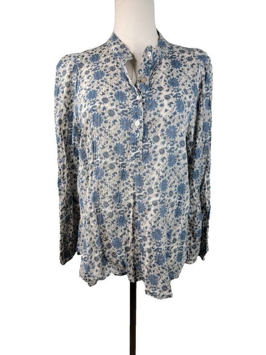 Pietsie Tops - Pietsie Atlin Boho Blouse Top Womens size M 100% Cotton Blue Floral Band Collar